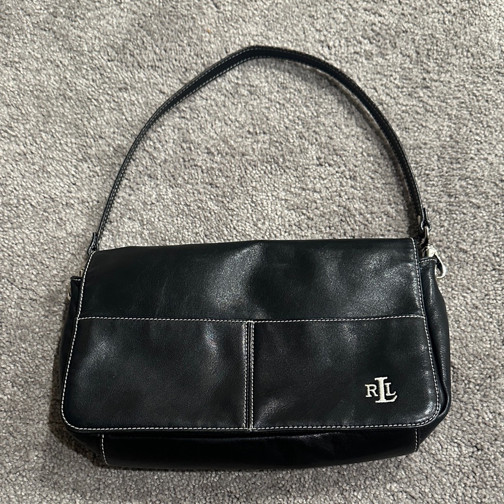 Ralph Lauren Black Leather Shoulder Bag - RLL Logo